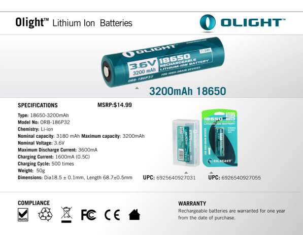 Olight Аккумулятор Li-Ion Olight 18650 PCB 3200mAh, 3.7В.