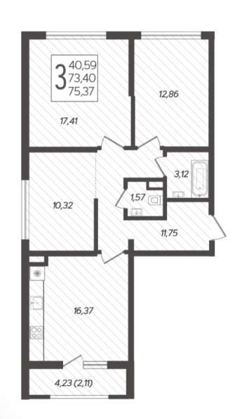 3-комнатная квартира, 75,37 кв. м в Краснодаре фото 9