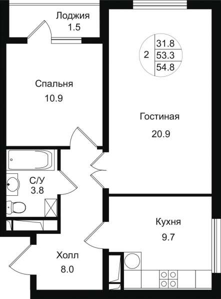 Продается 2-комнатная квартира, 55 м² в 