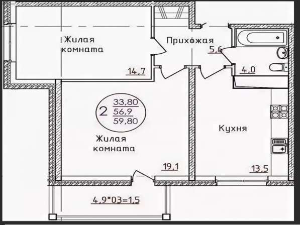 2-комнатная квартира, 57,4 кв.м., ул. Шоссе Нефтяников, 22к1 в Краснодаре