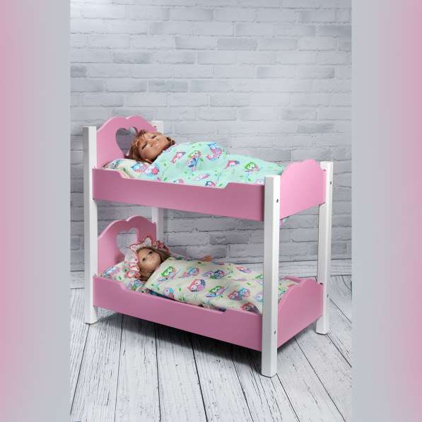Кроватка деревянная для двух кукол 50 см розово-белая