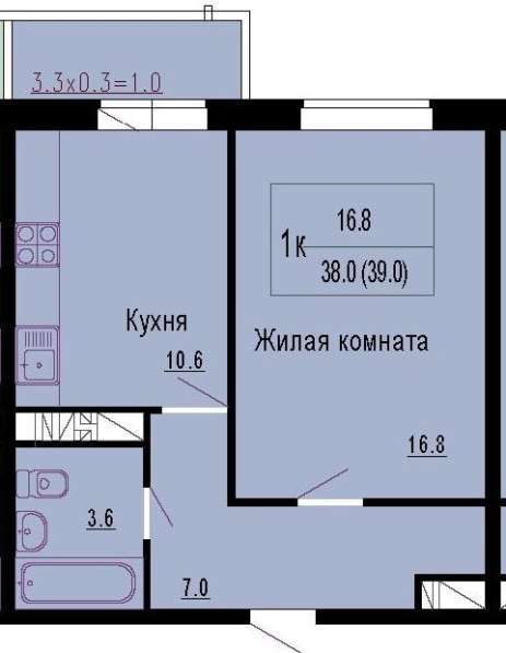 1-комнатная квартира 39,0 кв. м 