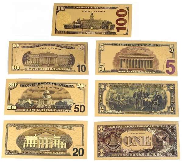 Набор из 7 позолоченных сувенирных банкнот 1-100 долларов