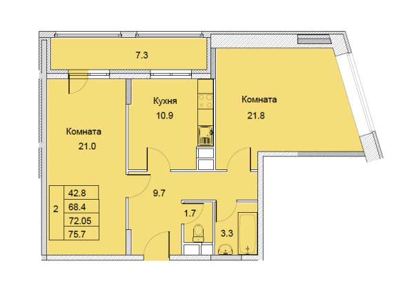 2-х комнатная квартира улица Советская, дом 6, площадь 72,05