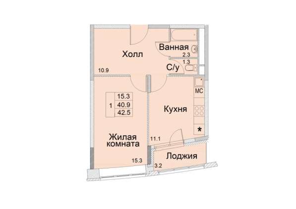 1-к квартира, улица Советская, дом 1, площадь 42,5, этаж 5
